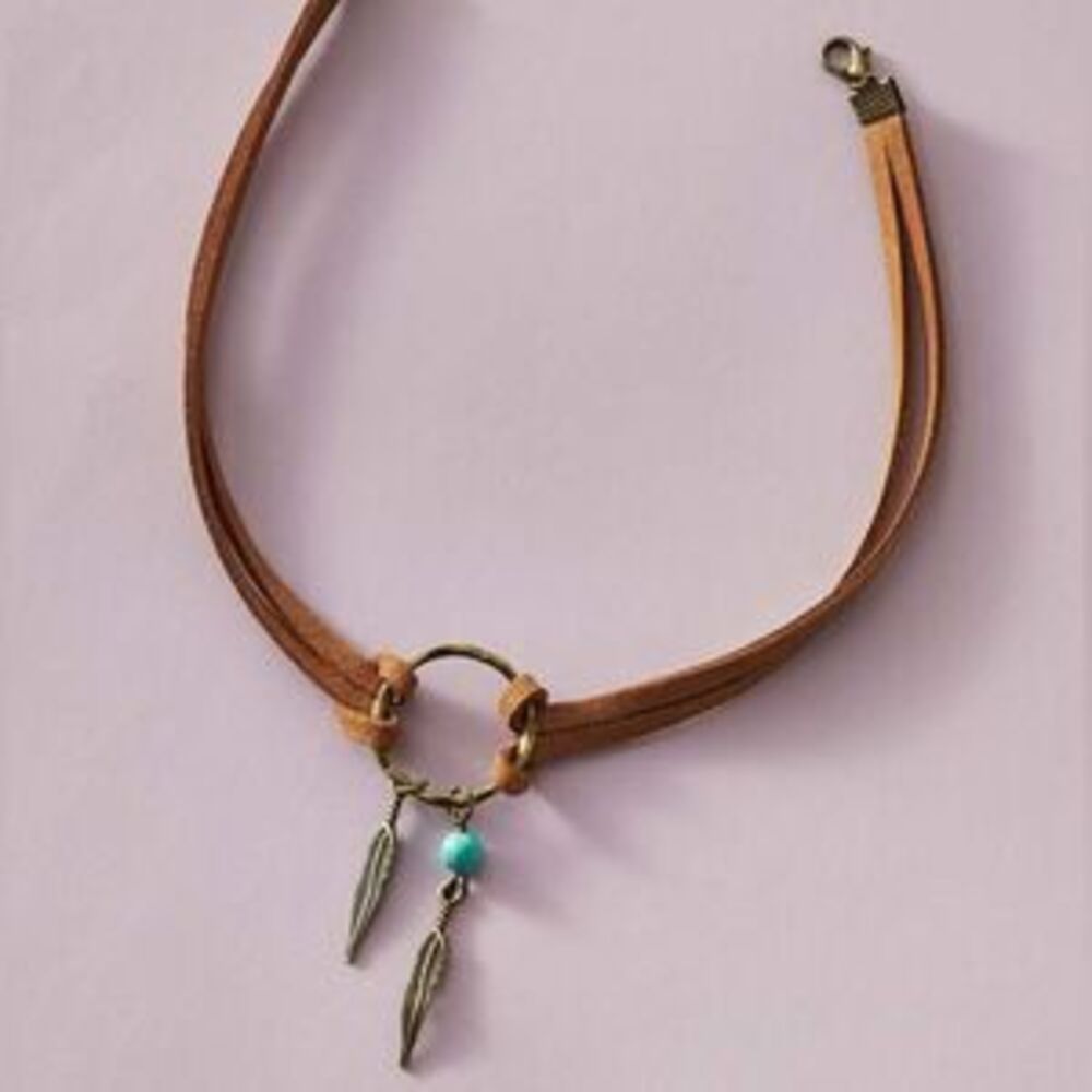 Cowgirl?Western Boho Vintage 70s Style Aztec Suede Turquoise Beaded Choker - Picture 2 of 5